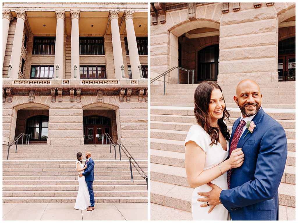 downtown houston elopement with bride and groom with children
