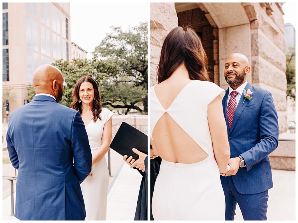 courthouse elopement with bride and groom looking at one another