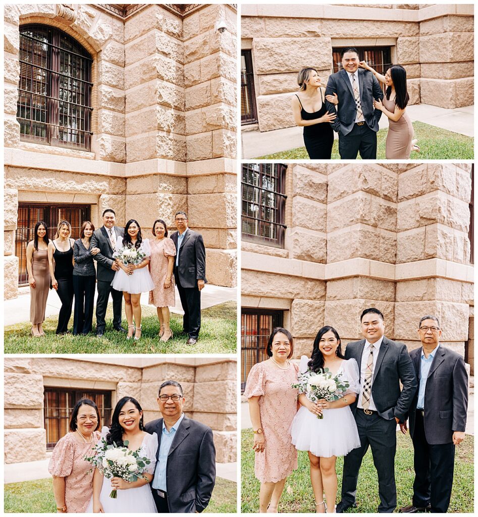 newly married couple in photos with their family members at 1910 harris county courthouse
