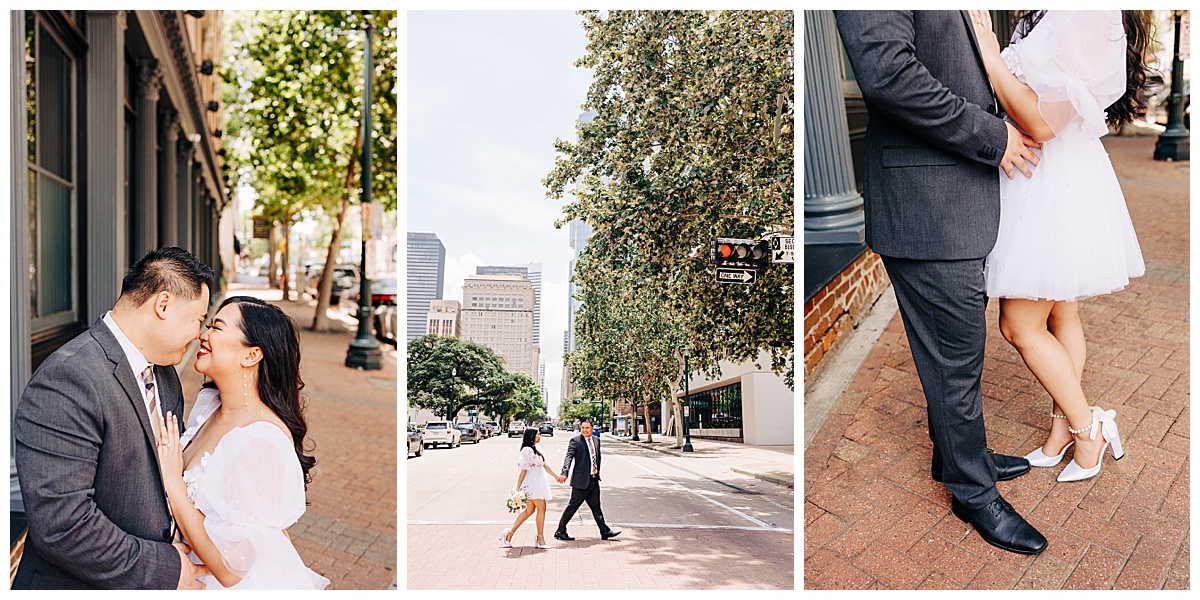 couple in downtown Houston, TX during their courthouse elopement