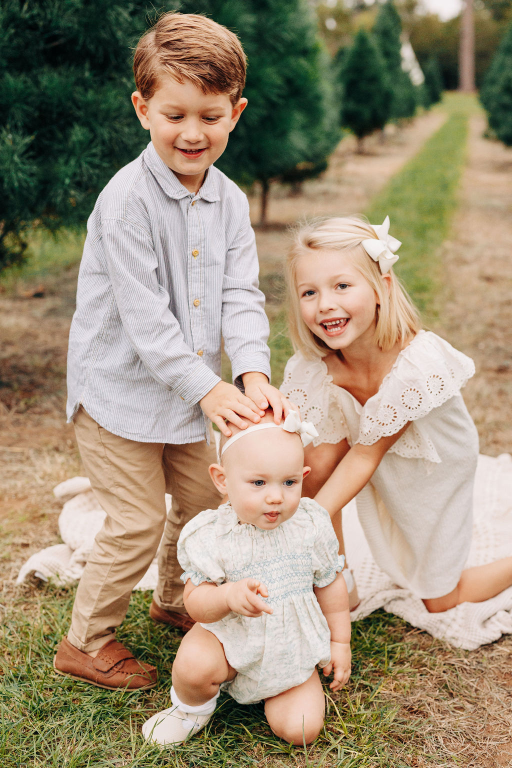 A toddler boy and girl play with their infant baby sister in a houston christmas tree farms