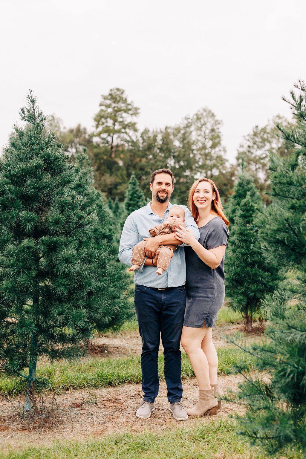 Happy parents stand among christmas trees with their infant baby in dad's arms